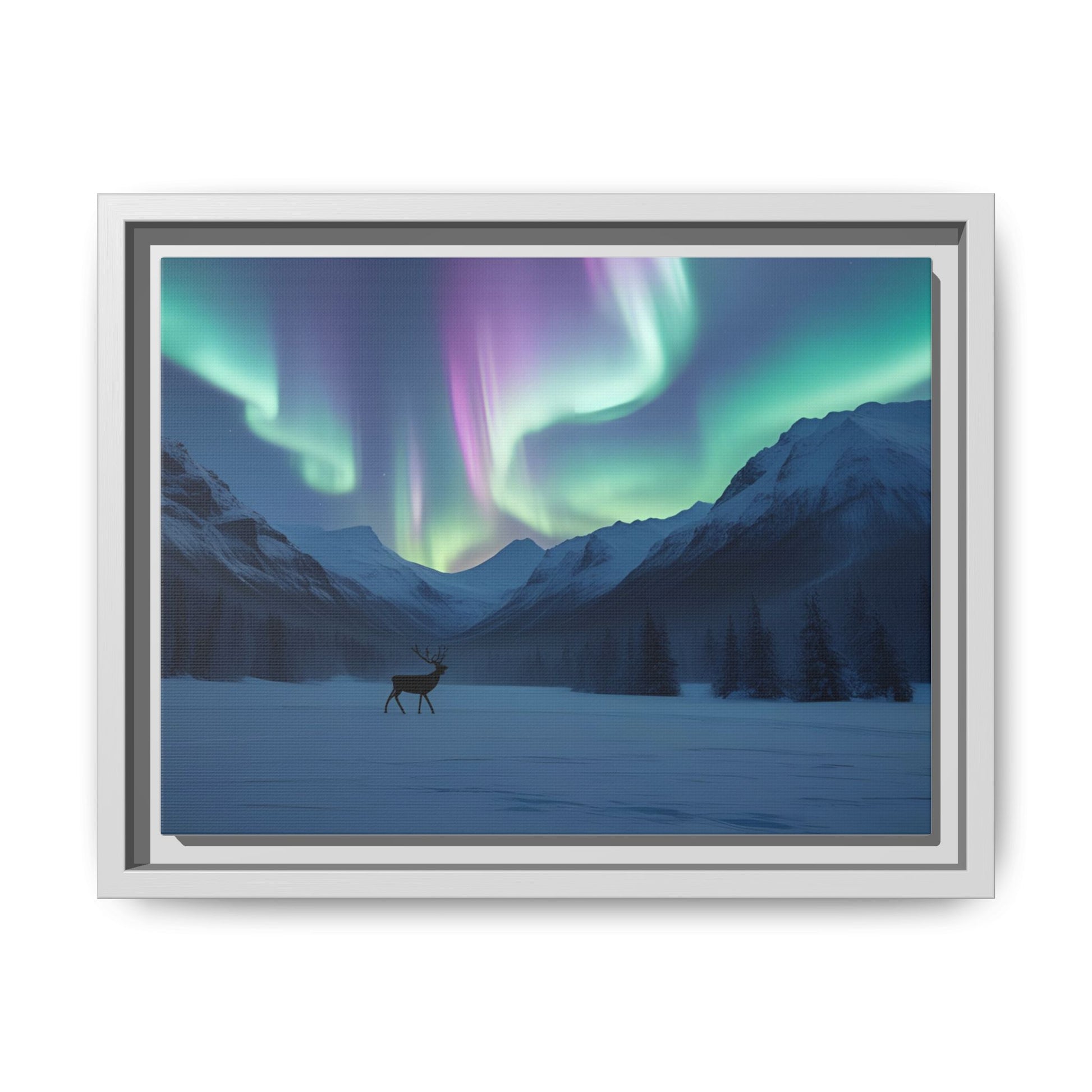 Singular Reindeer Under Aurora Canvas Wall Art – Purple & Green Lights