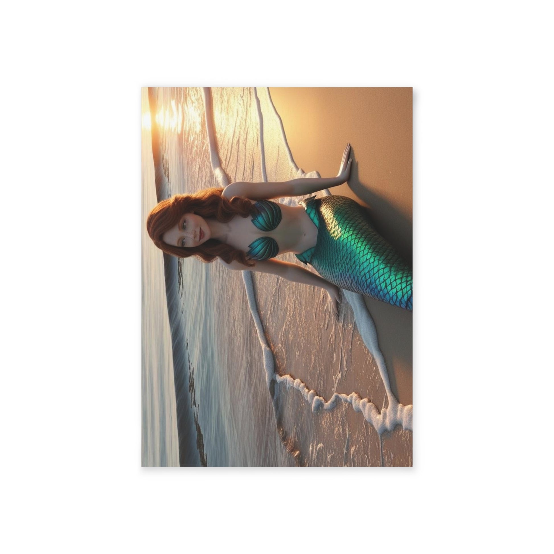 Coralyn the Auburn-Haired Mermaid Note Card – Sunlit Shoreline Scene – Mermaid Things Collection