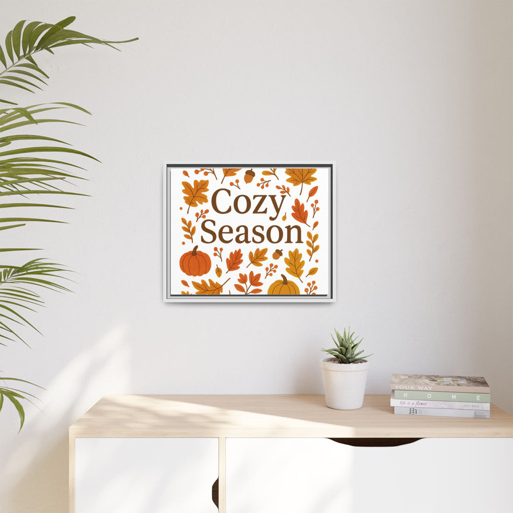 Framed Autumn Wall Art with Elegant Serif & Leaf Motifs – Cozy Season Typography Quote Print