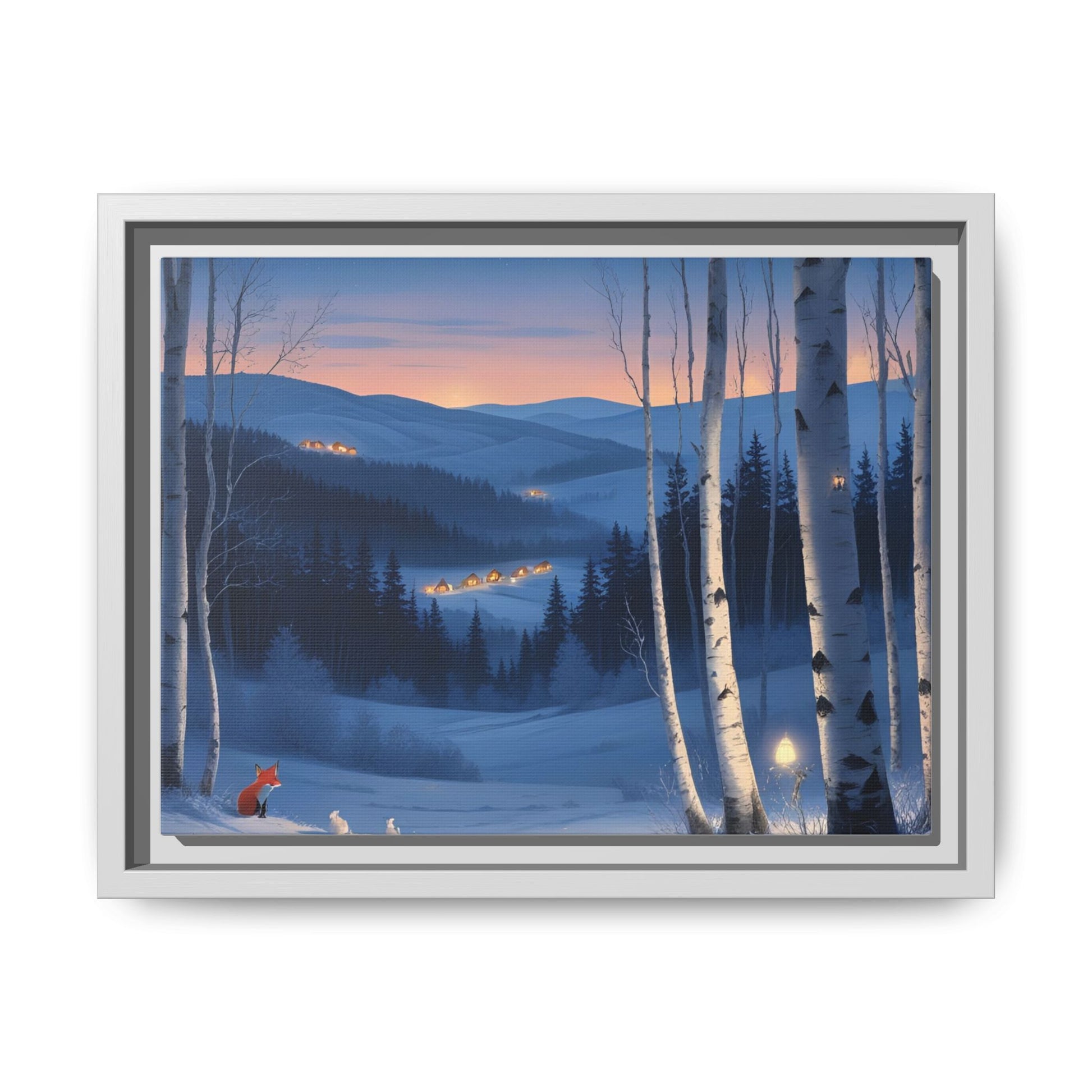 Snowy Forest Scene with Fox and Cabin Lights - Framed Winter Landscape Artwork