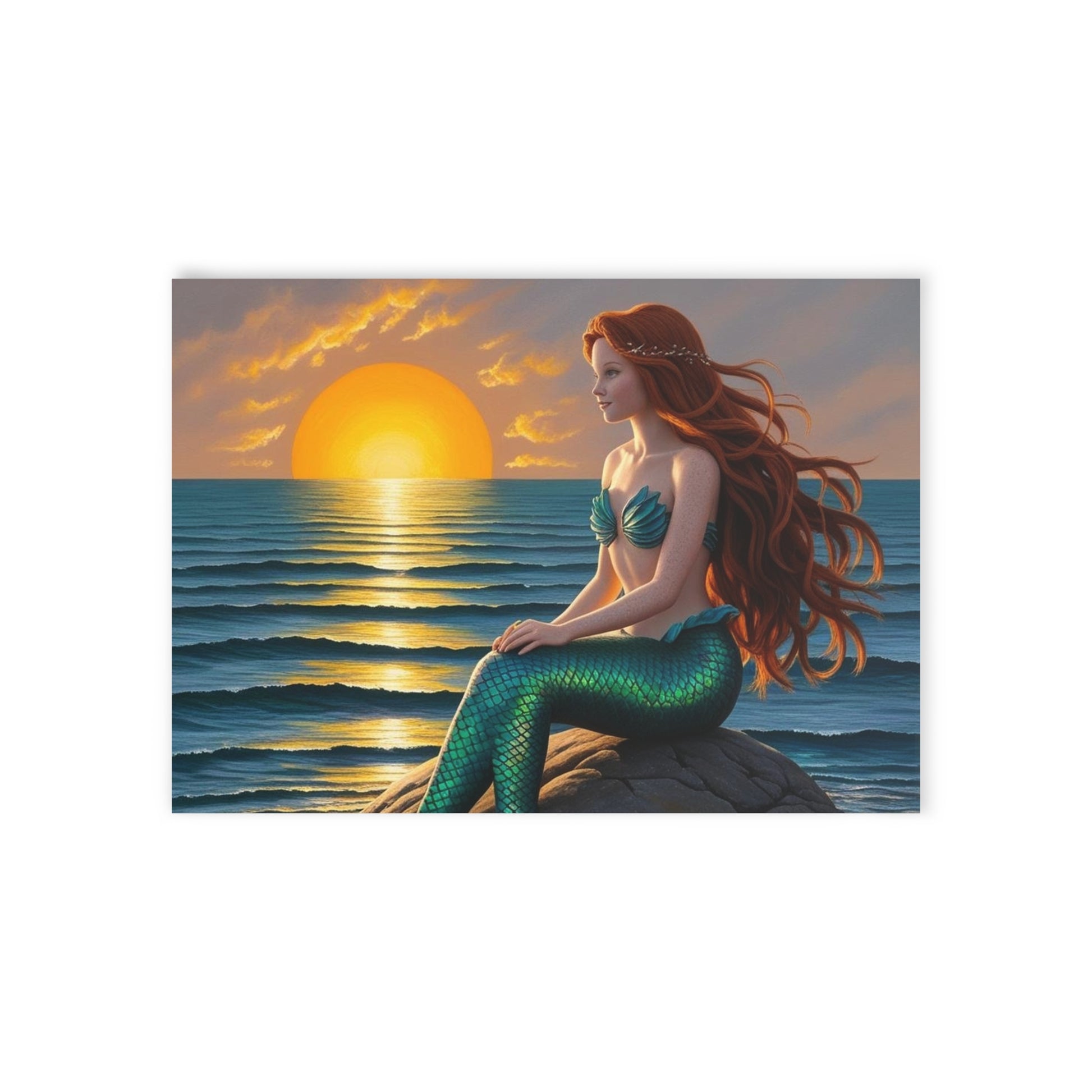 Red-Haired Mermaid Sunset Note Card – Ocean Fantasy Series (One-sided print)