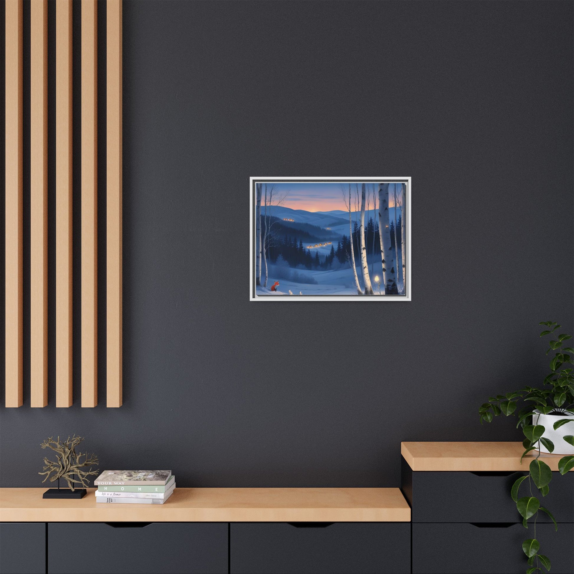 Snowy Forest Scene with Fox and Cabin Lights - Framed Winter Landscape Artwork