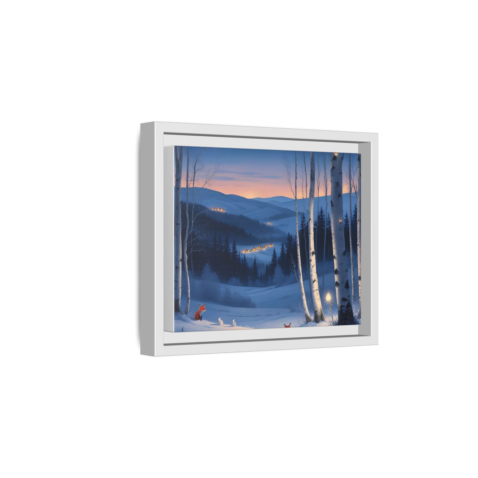Snowy Forest Scene with Fox and Cabin Lights - Framed Winter Landscape Artwork