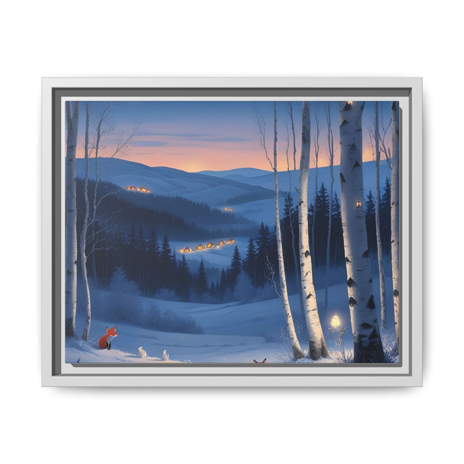 Snowy Forest Scene with Fox and Cabin Lights - Framed Winter Landscape Artwork
