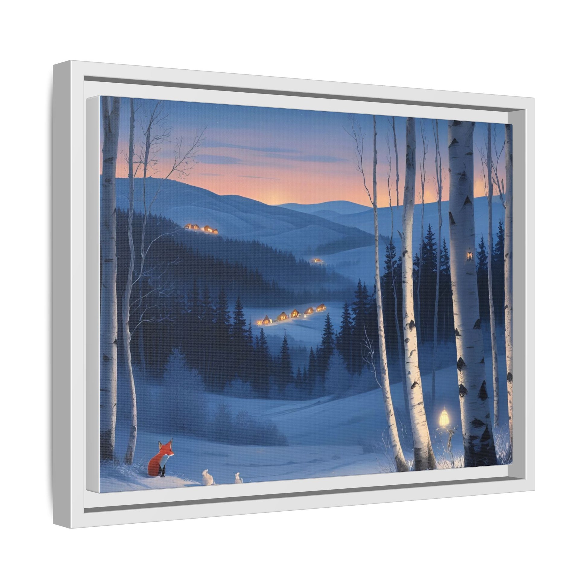 Snowy Forest Scene with Fox and Cabin Lights - Framed Winter Landscape Artwork