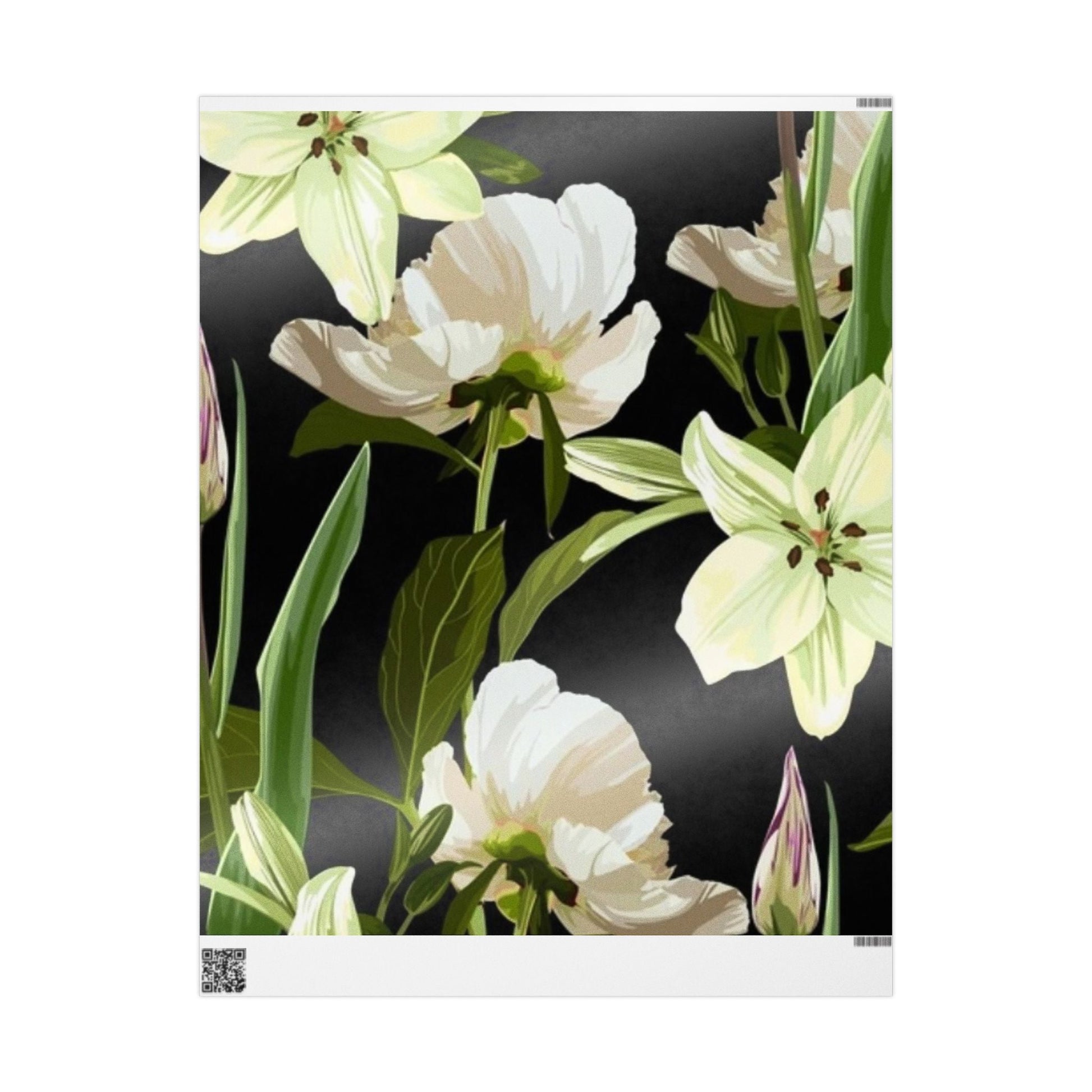 White Lily & Peony Botanical Wrapping Paper – Black Background Floral Print