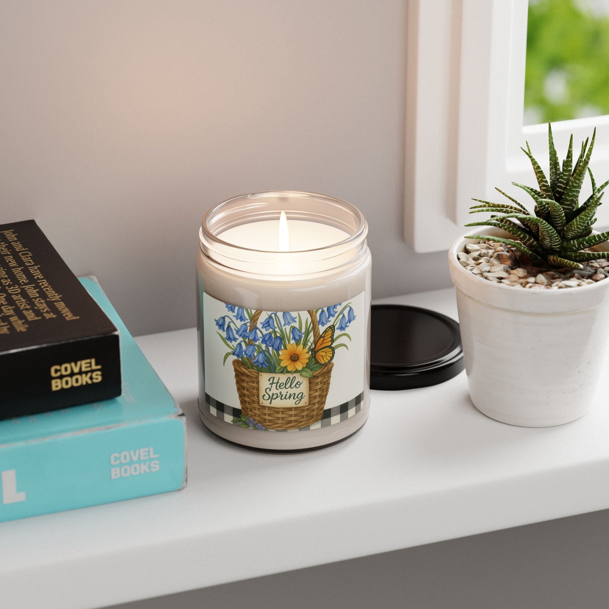 Hello Spring Floral Basket Soy Candle with Butterfly Art