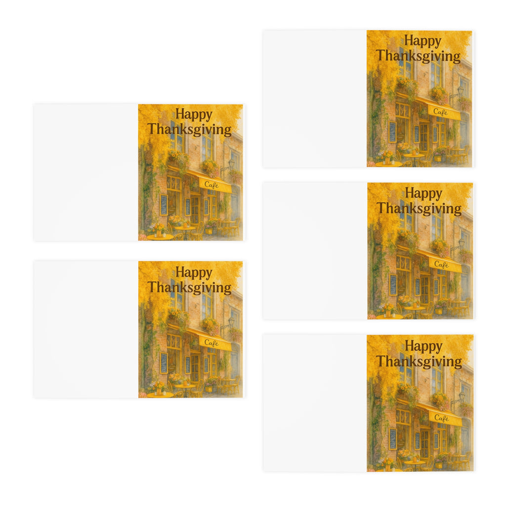 Happy Thanksgiving Greeting Cards (5-Pack) – Autumn Coffee Shop Scene – CoziNest Hollow 3