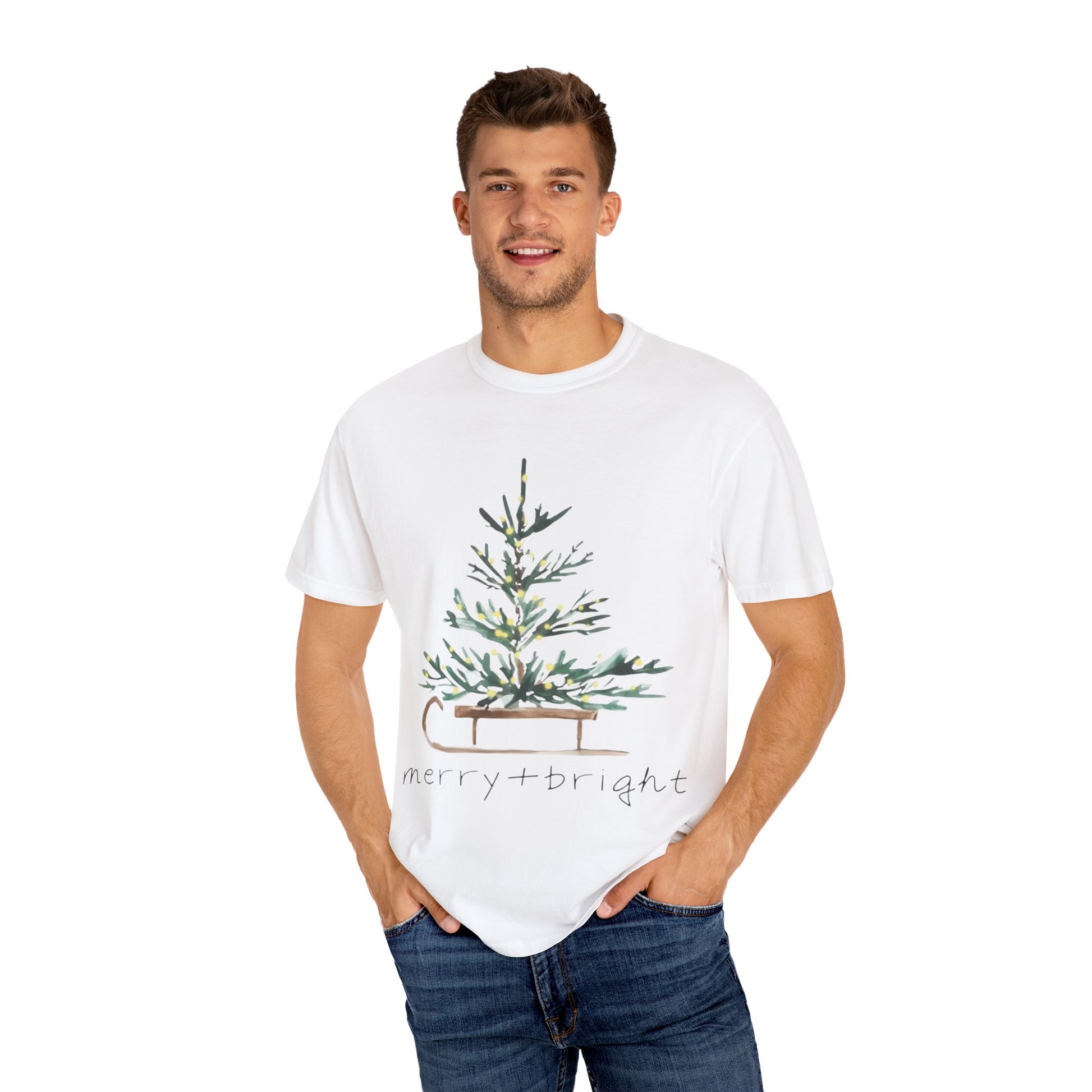 Whispers of Winter – Merry + Bright Christmas Tree T-Shirt SHORT SLEEVE | Elegant Minimal Holiday Apparel by Paper Pleasures