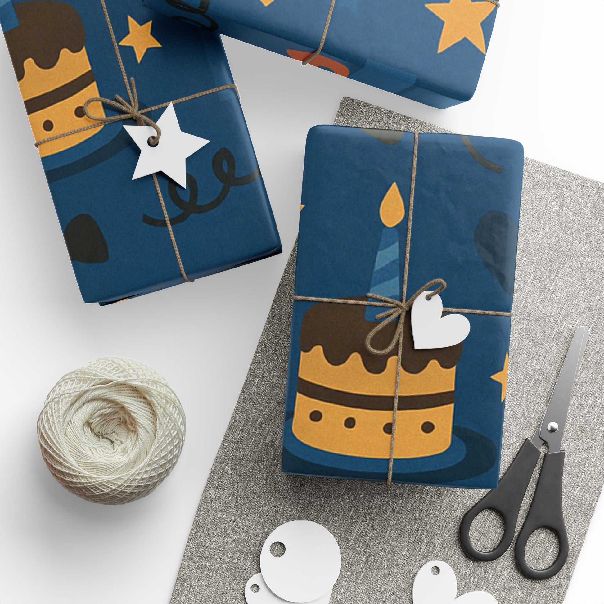 Happy Birthday Wrapping Paper – Navy Blue with Cakes, Gifts & Party Icons