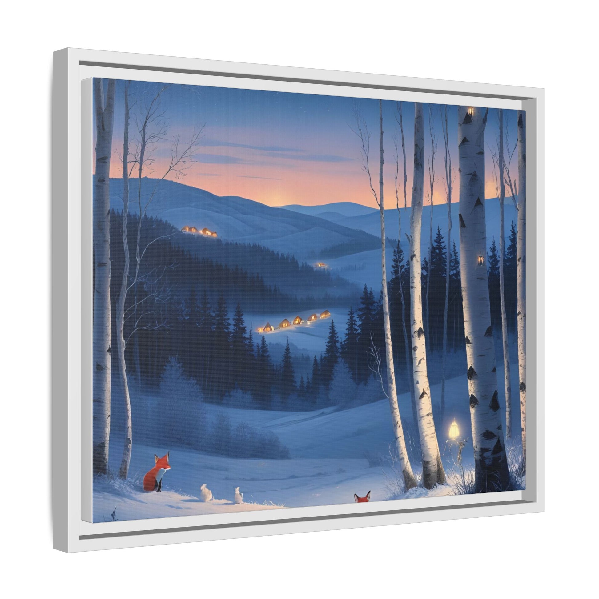 Snowy Forest Scene with Fox and Cabin Lights - Framed Winter Landscape Artwork