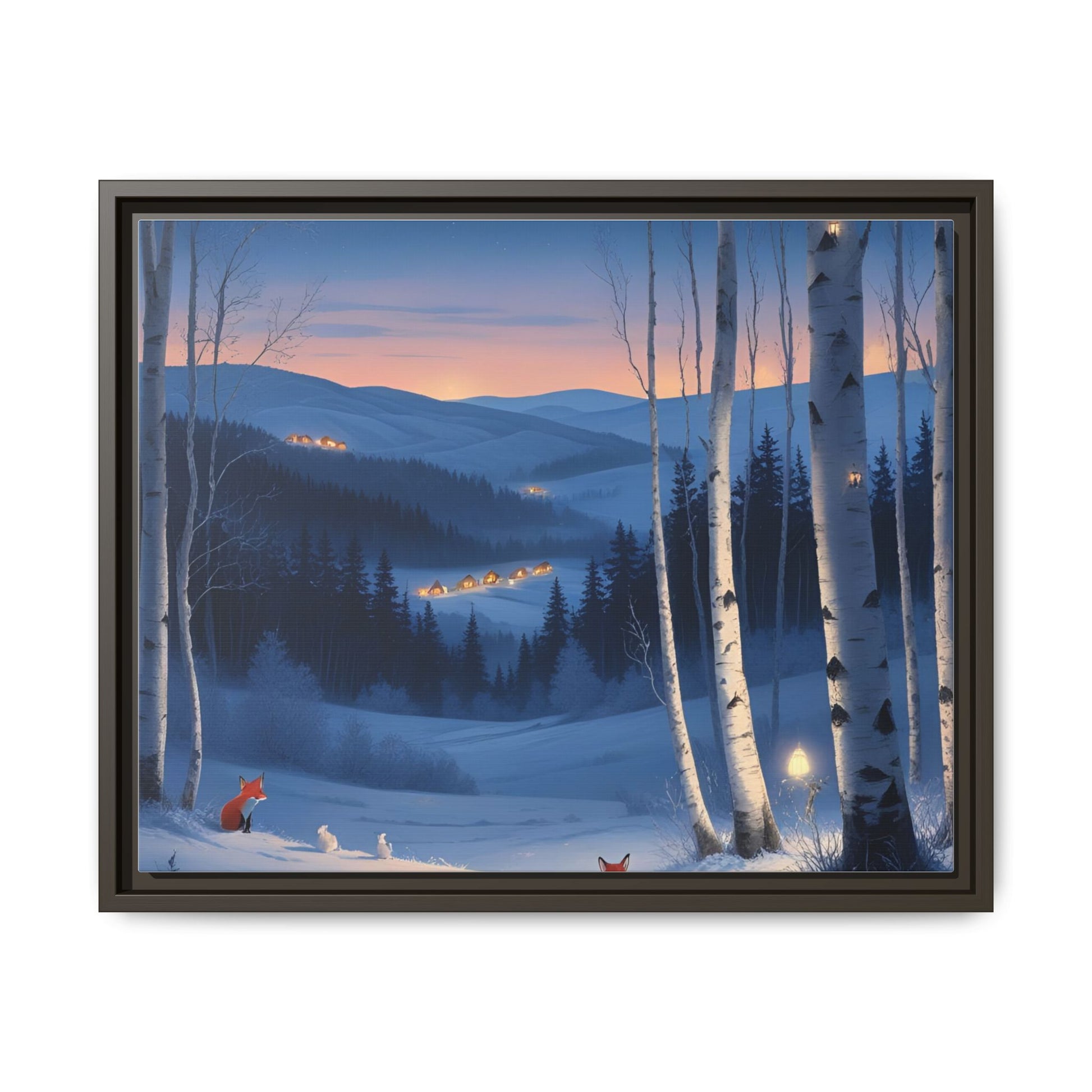 Snowy Forest Scene with Fox and Cabin Lights - Framed Winter Landscape Artwork
