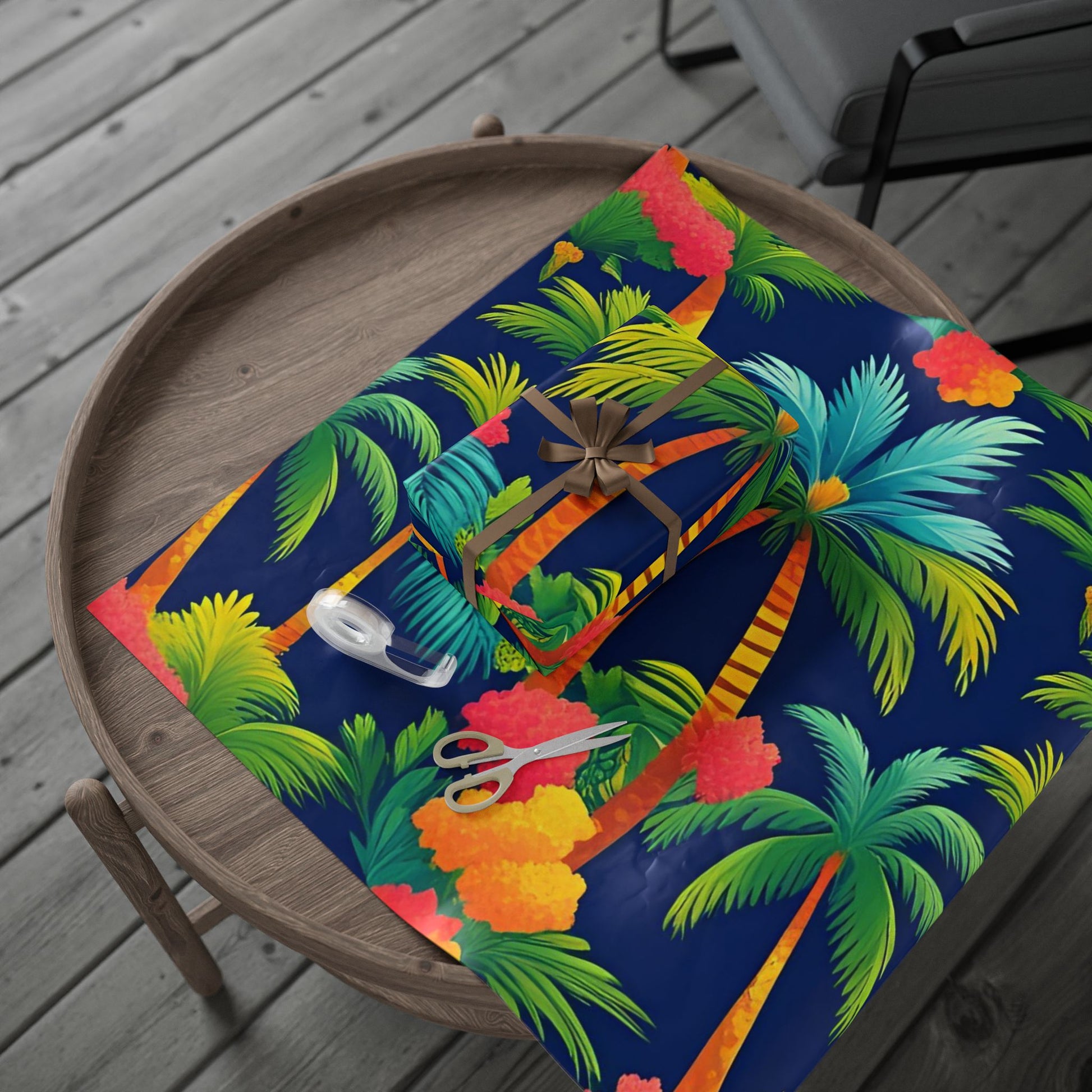 Colorful Palm Tree Wrapping Paper – Tropical Gift Wrap on Navy Blue Background
