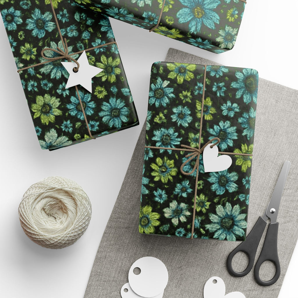Teal and Green Daisy Floral Wrapping Paper on Black Background