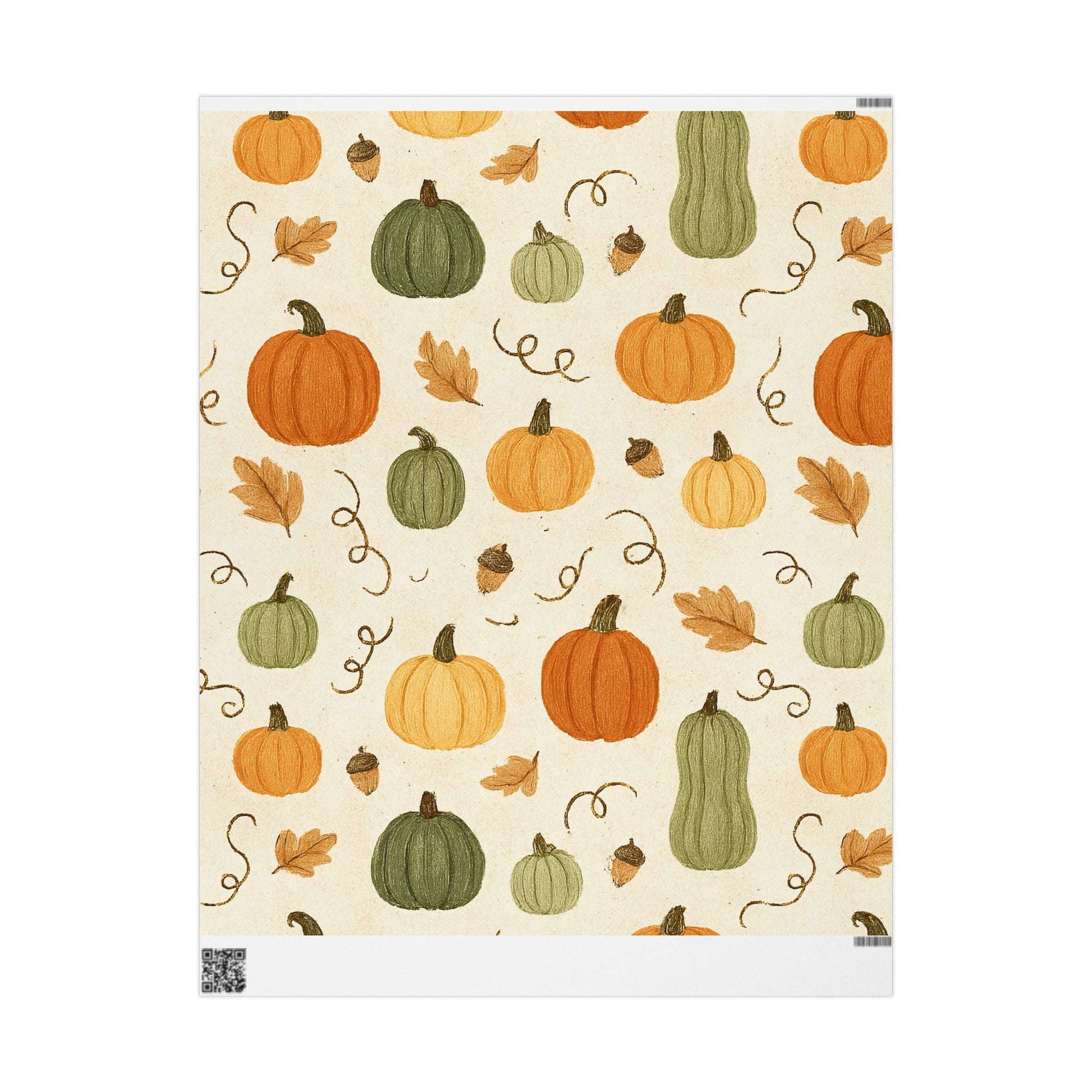 Patterned paper with pumpkins, gourds, and leaves on a beige background