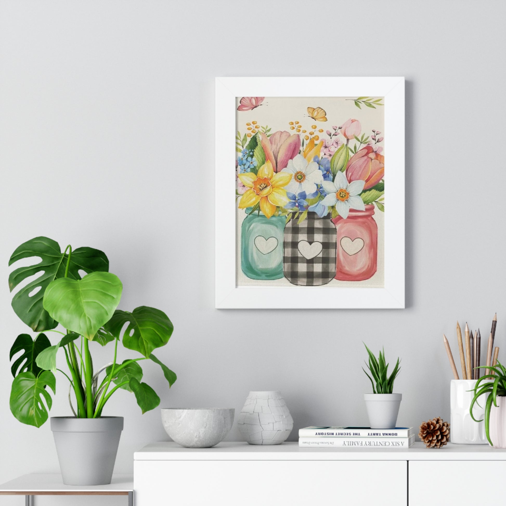 Spring Mason Jar Flower Print – Framed Farmhouse Wall Art with Daffodils & Tulips