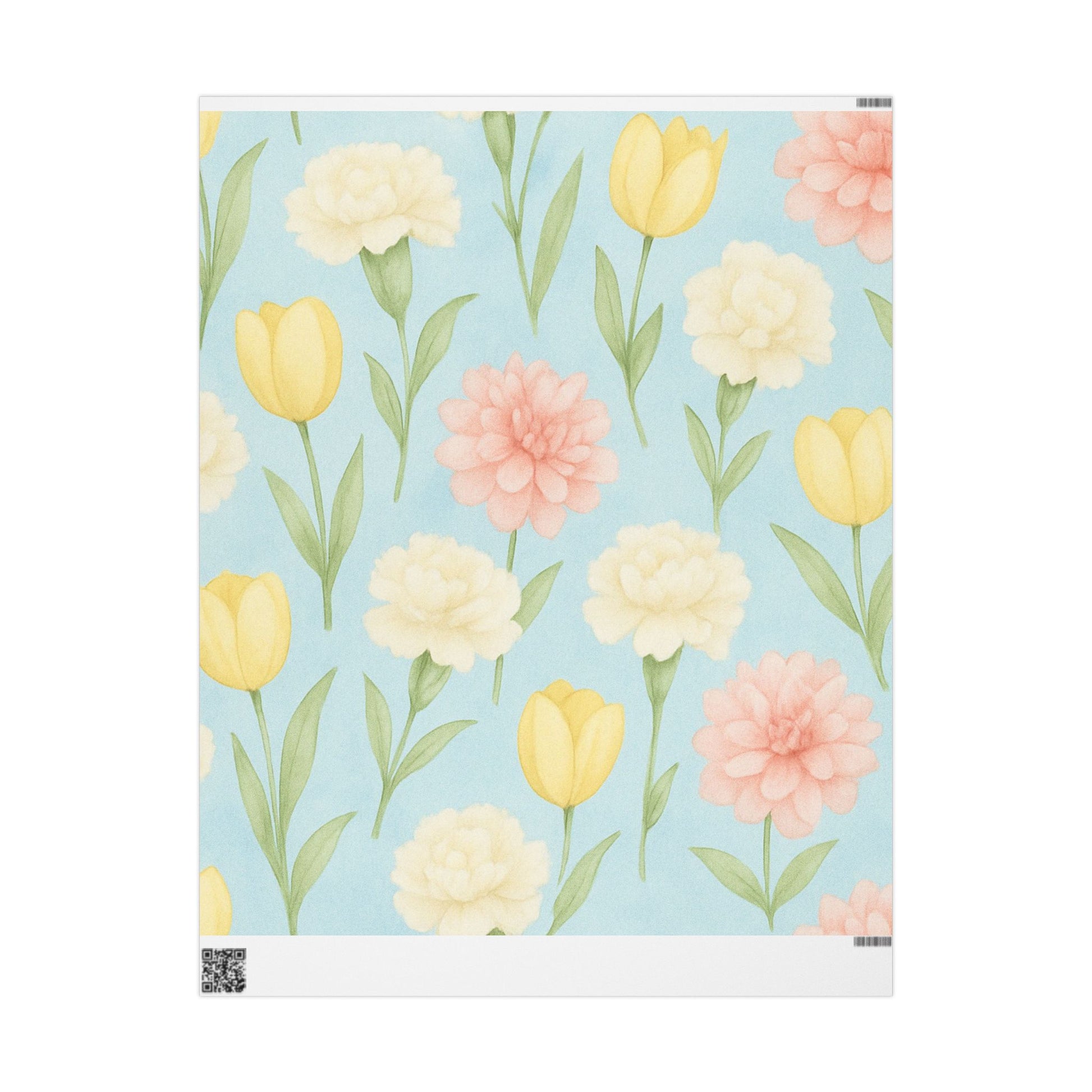 Pastel Floral Wrapping Paper with Tulips and Carnations on Sky Blue