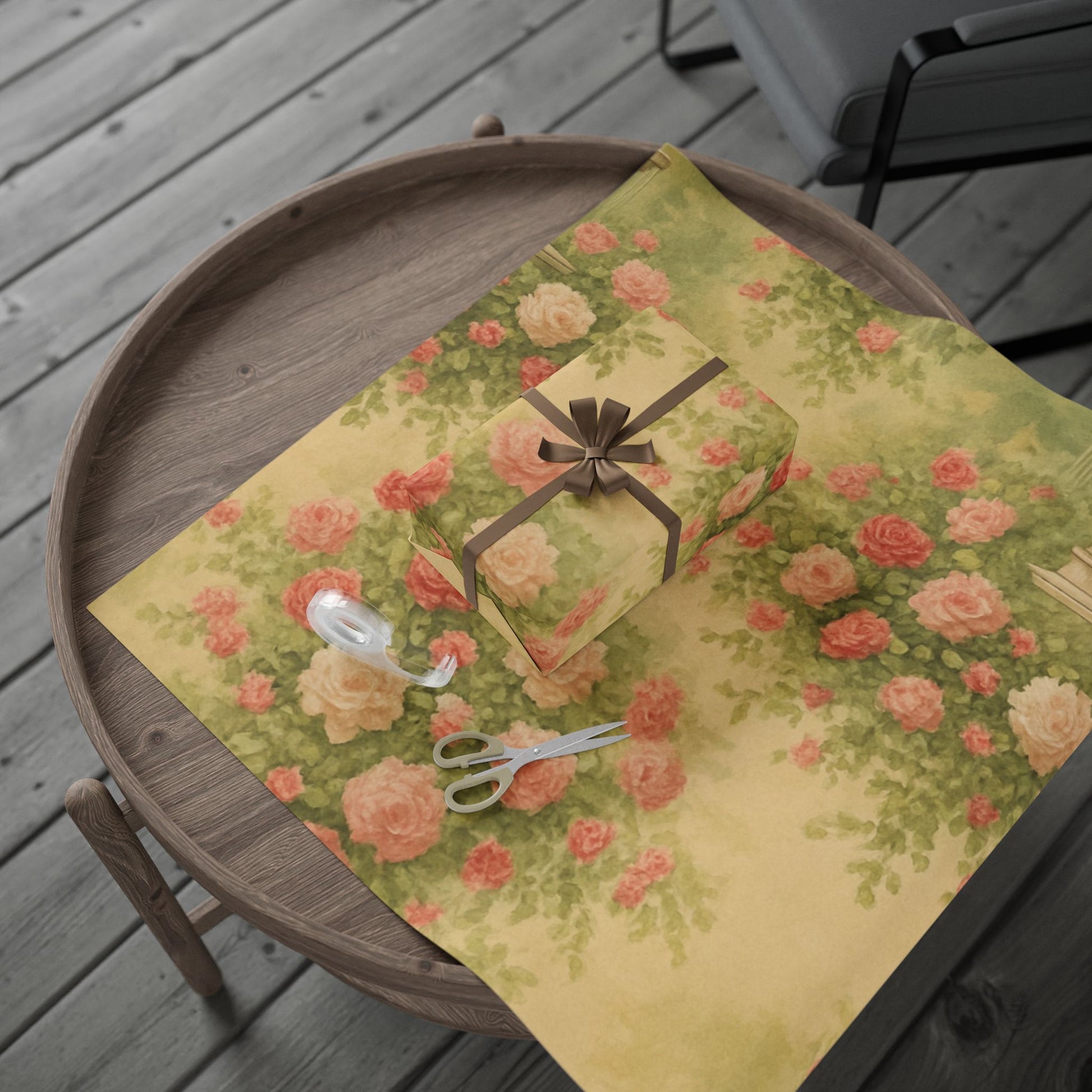 Romantic Rose Garden Fountain Print – Vintage Floral Pattern Gift Wrap | Paper Pleasures Vintage Floral Wrapping Paper - Elegant Gift Wrap for Weddings & Special Occasions