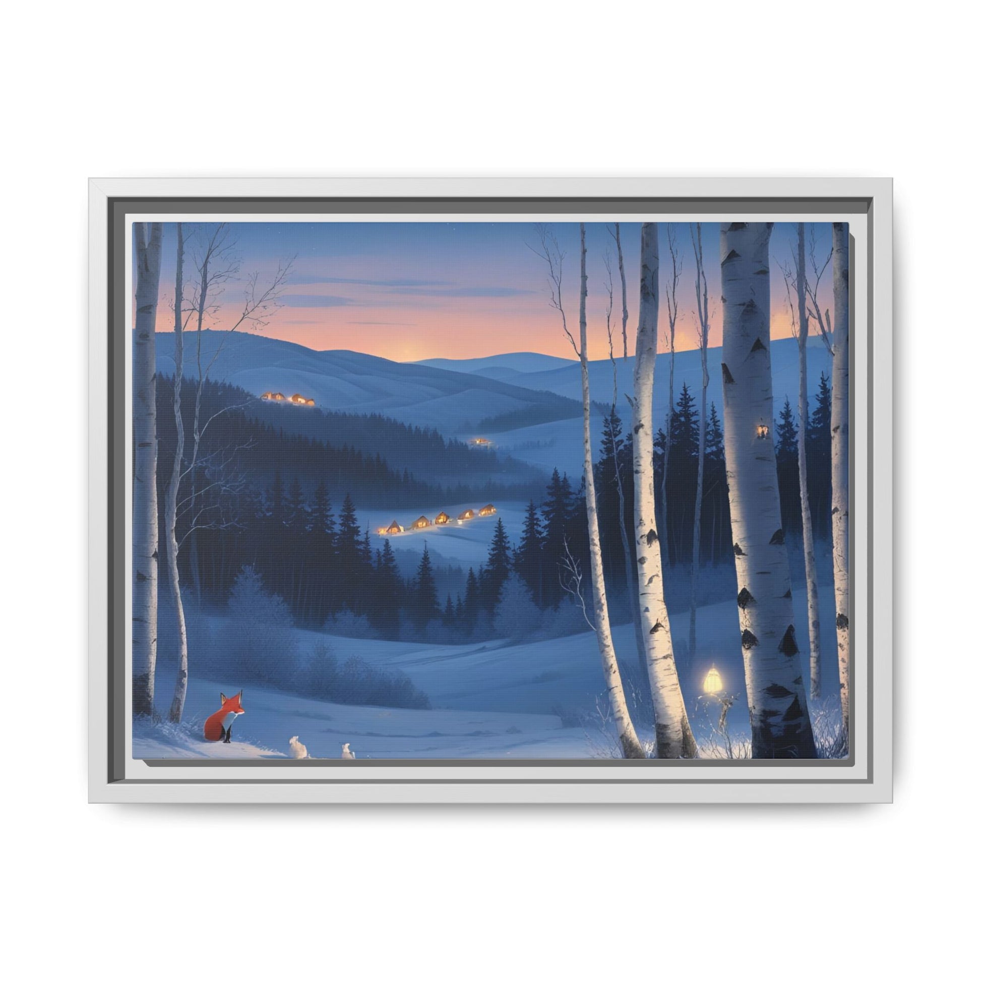 Snowy Forest Scene with Fox and Cabin Lights - Framed Winter Landscape Artwork