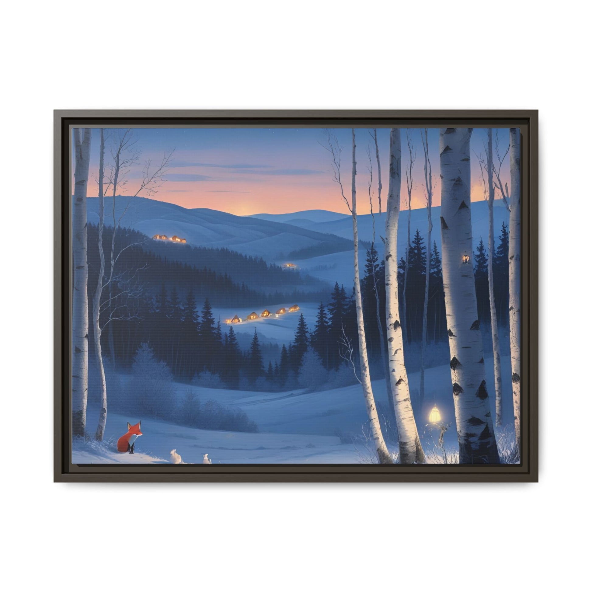 Snowy Forest Scene with Fox and Cabin Lights - Framed Winter Landscape Artwork