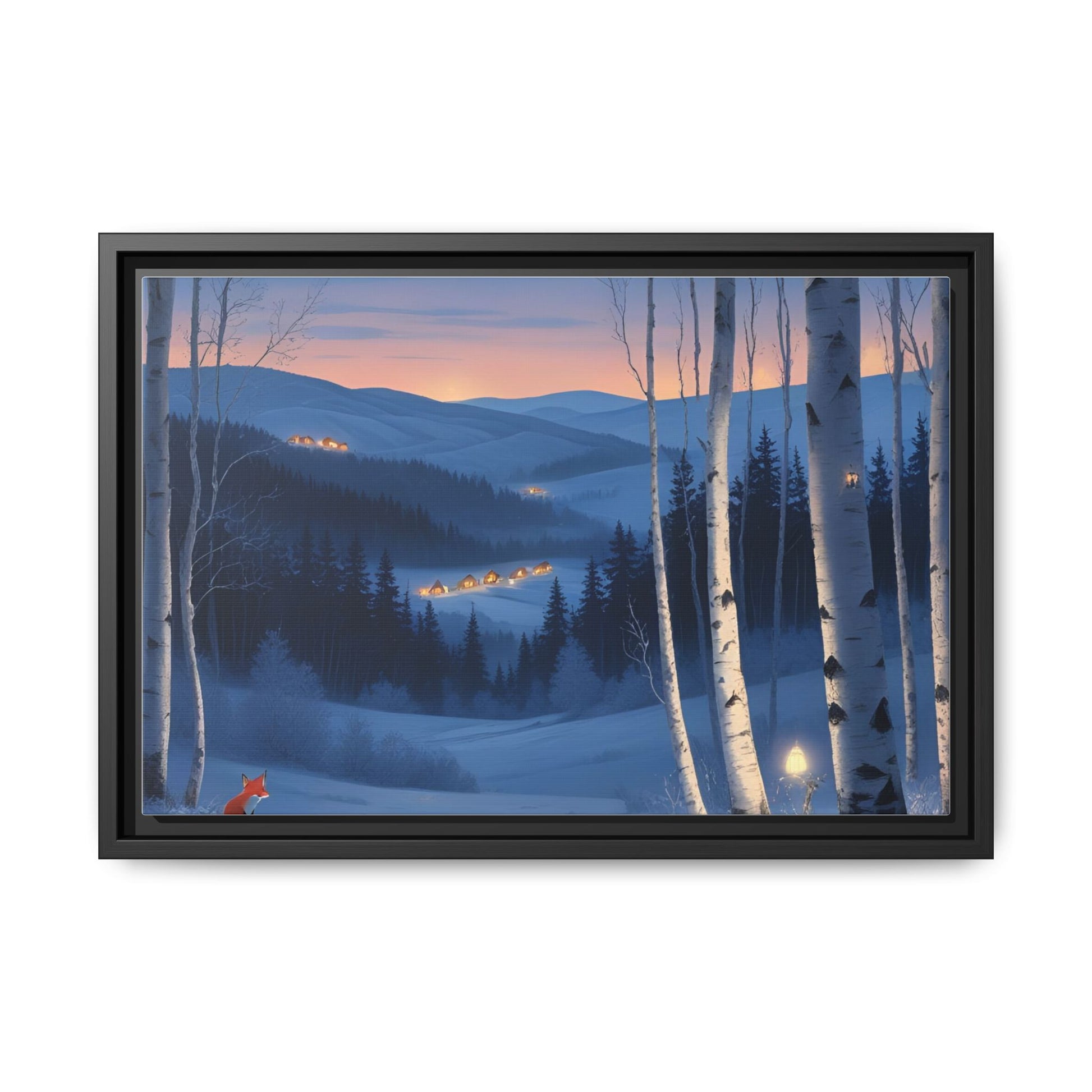 Snowy Forest Scene with Fox and Cabin Lights - Framed Winter Landscape Artwork