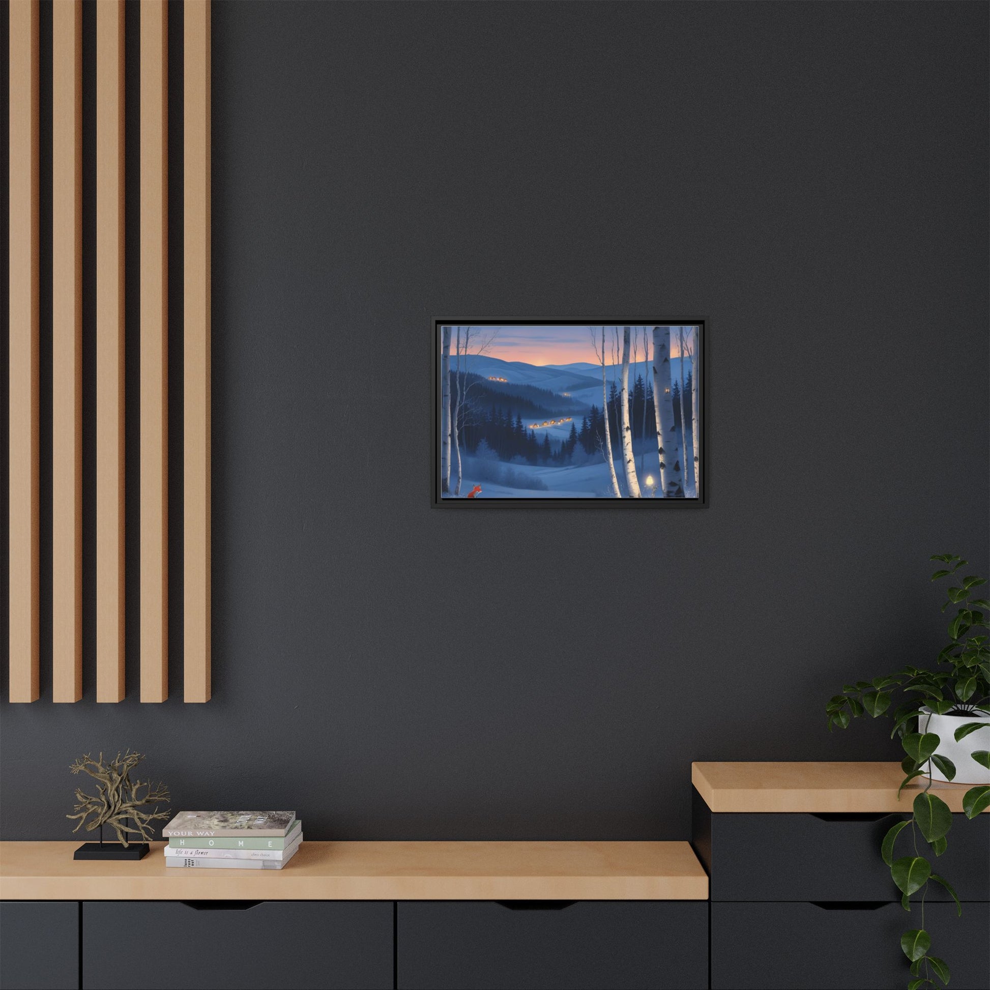 Snowy Forest Scene with Fox and Cabin Lights - Framed Winter Landscape Artwork