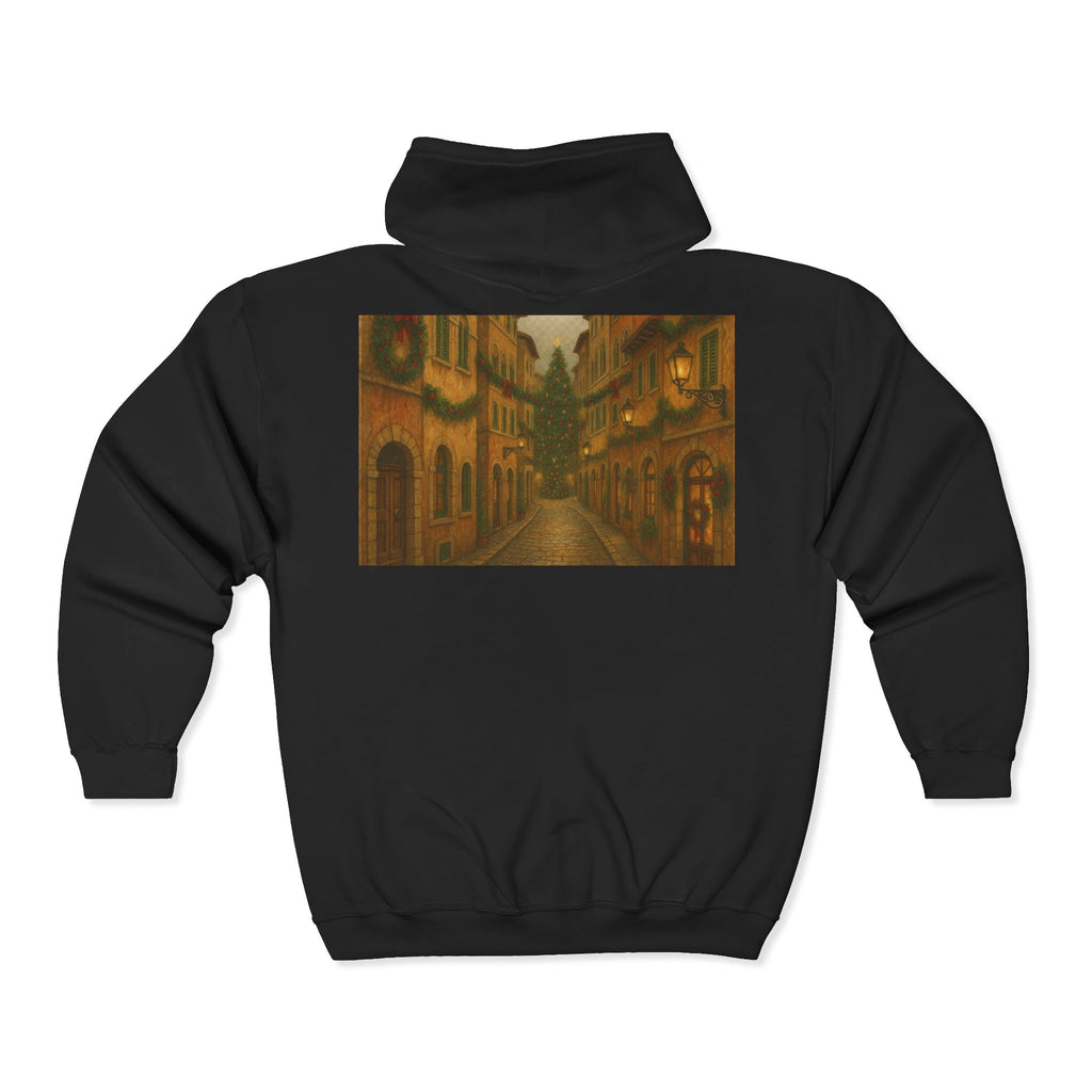 Black hoodie with a printed design on the back featuring a street scene.