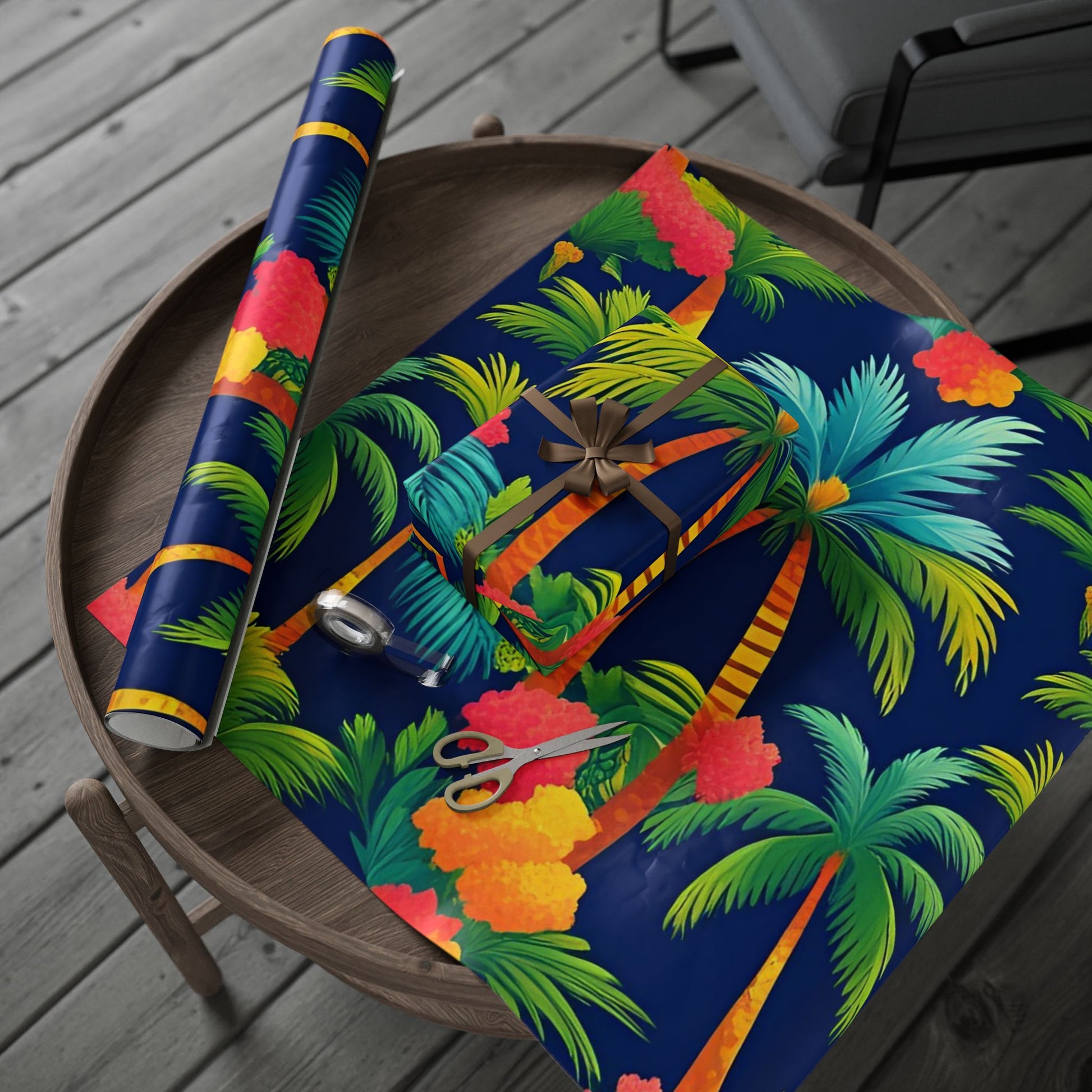 Colorful Palm Tree Wrapping Paper – Tropical Gift Wrap on Navy Blue Background