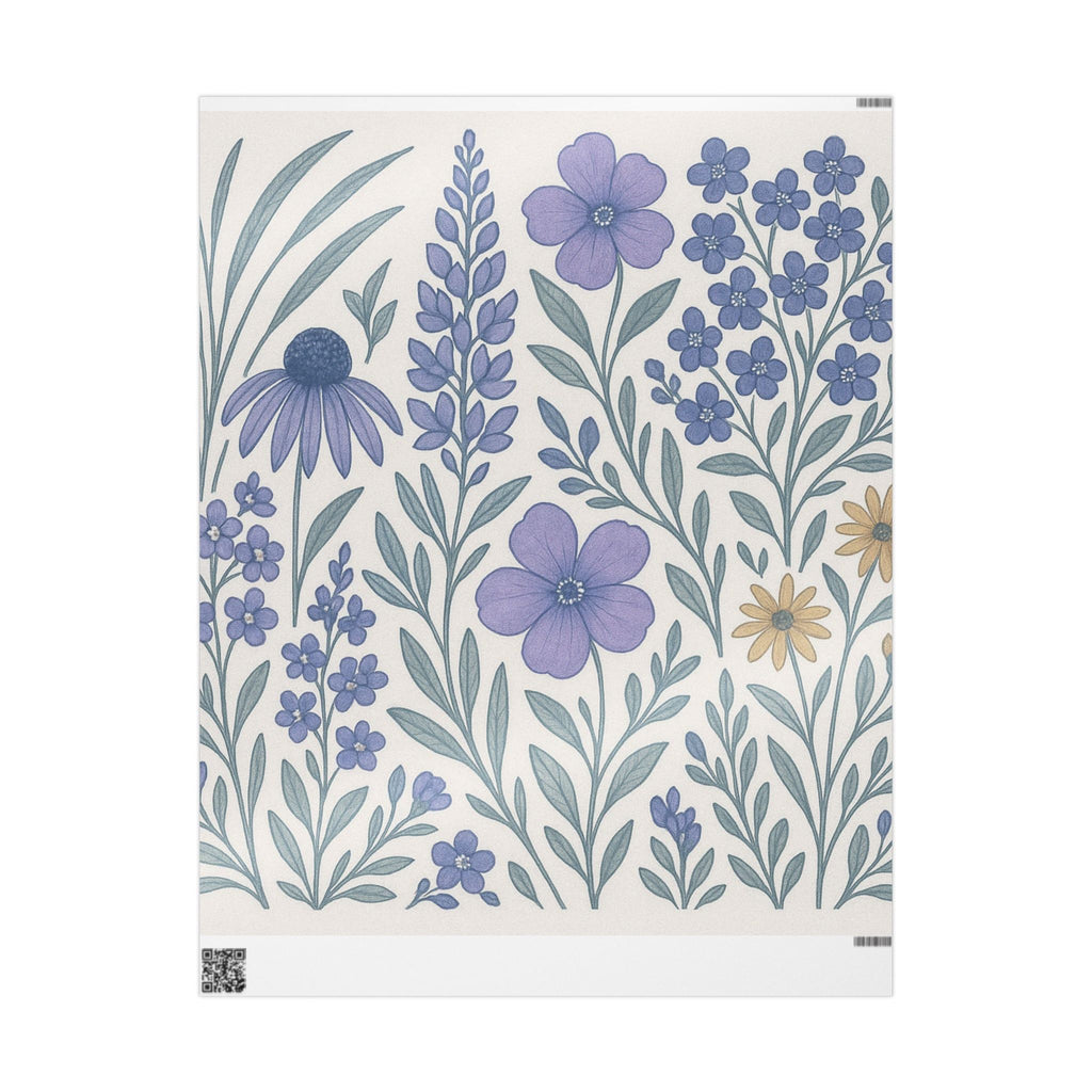 Floral pattern with blue and green flowers on a white background