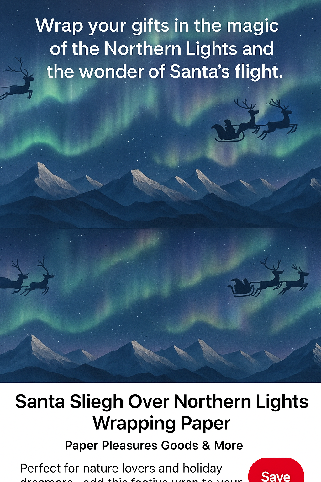 Santa Sleigh Over Northern Lights Wrapping Paper – Snowy Mountain Christmas Scene