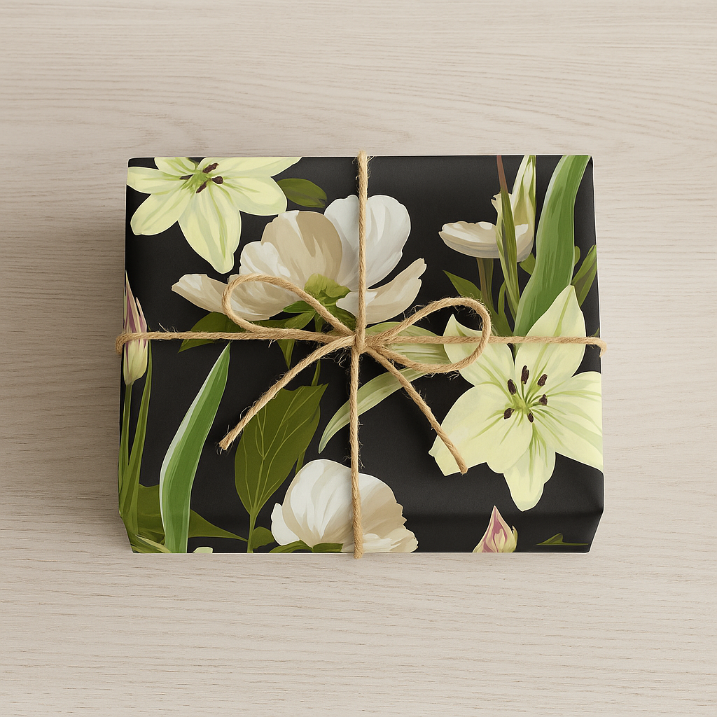 White Lily & Peony Botanical Wrapping Paper – Black Background Floral Print