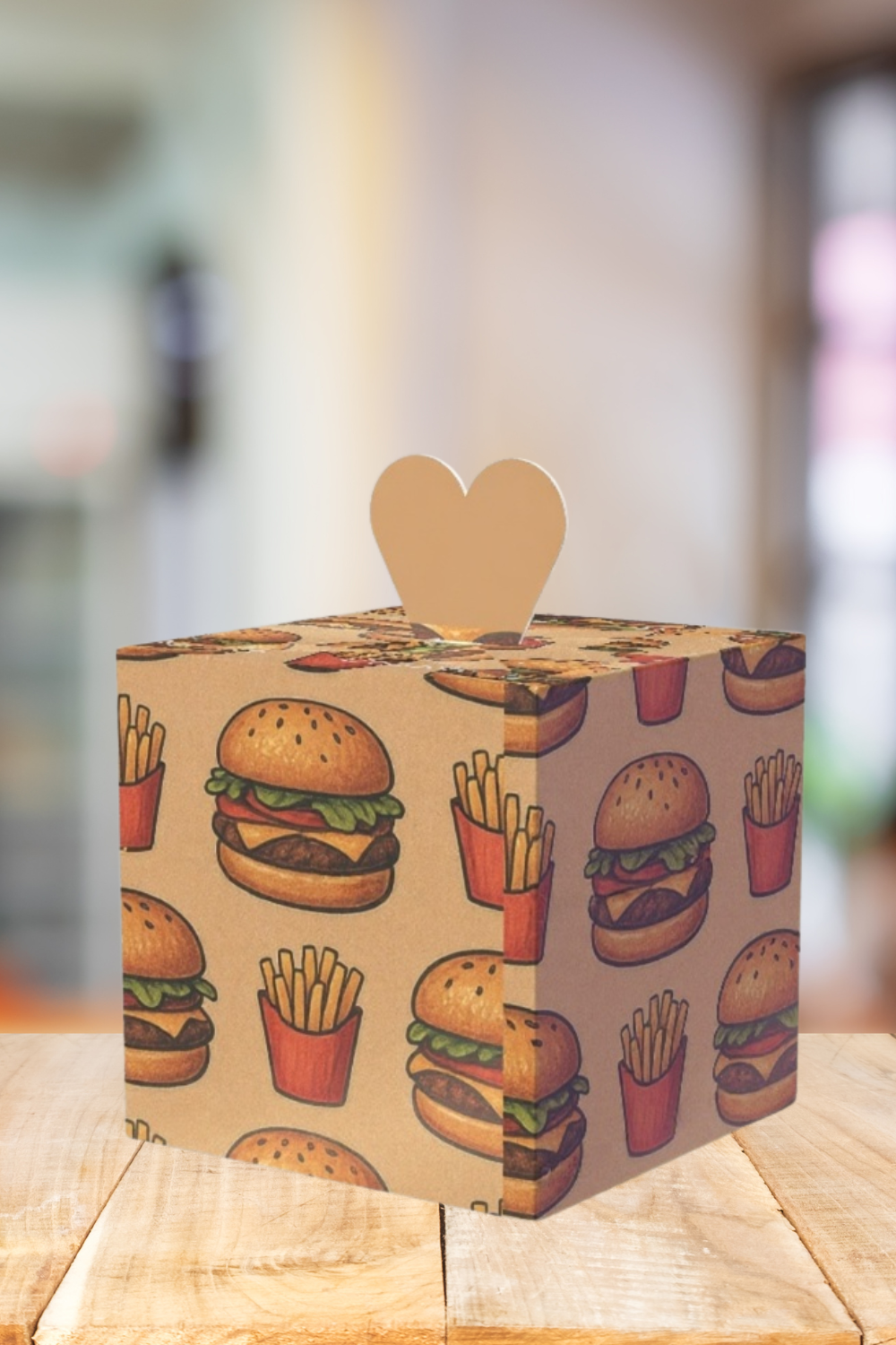 Cardboard box with burger and fries pattern on a wooden surface