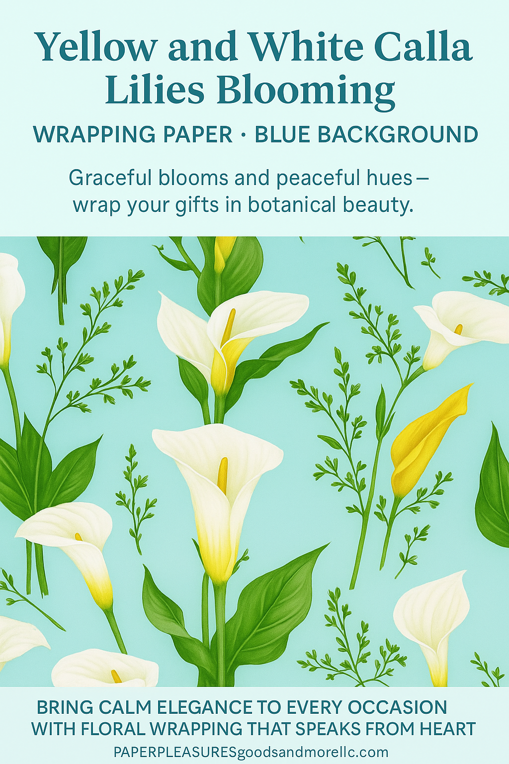 Yellow and White Calla Lilies Blooming Wrapping Paper – Blue Background