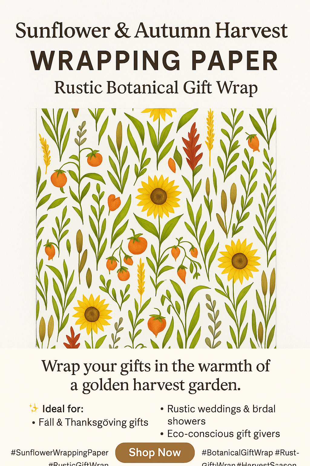 Sunflowers, Tomatoes & Autumn Harvest Botanical Wrapping Paper – Bright Seasonal Gift Wrap