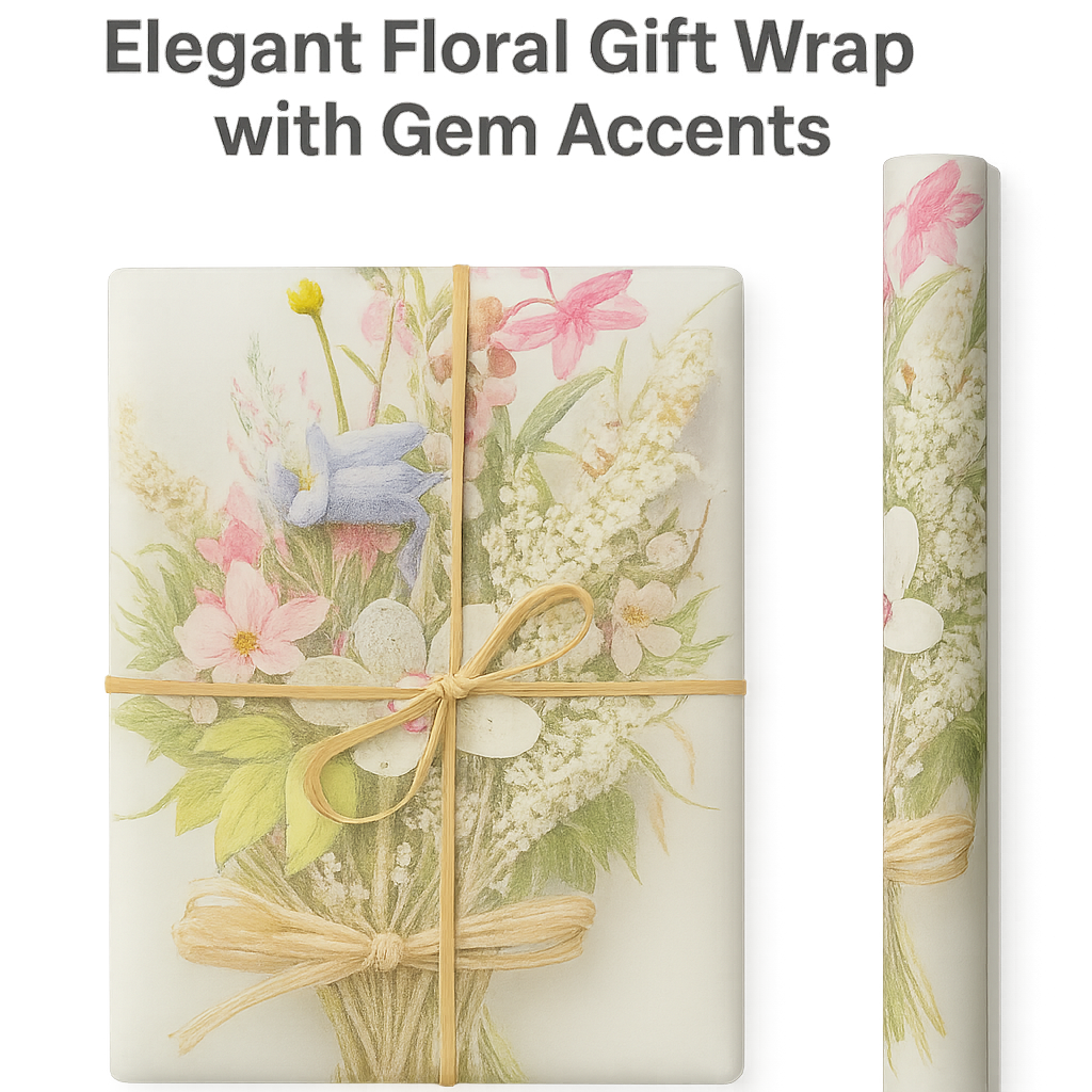Vintage Pastel Bouquet Wrapping Paper – Elegant Floral Gift Wrap with Gem Accents