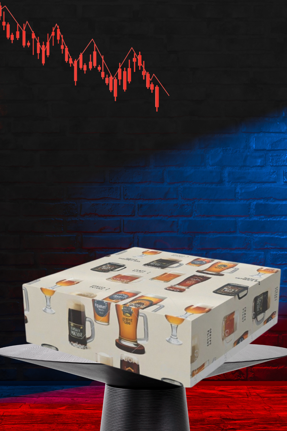 Table with a box featuring beer-themed illustrations against a dark wall with red and blue lighting.