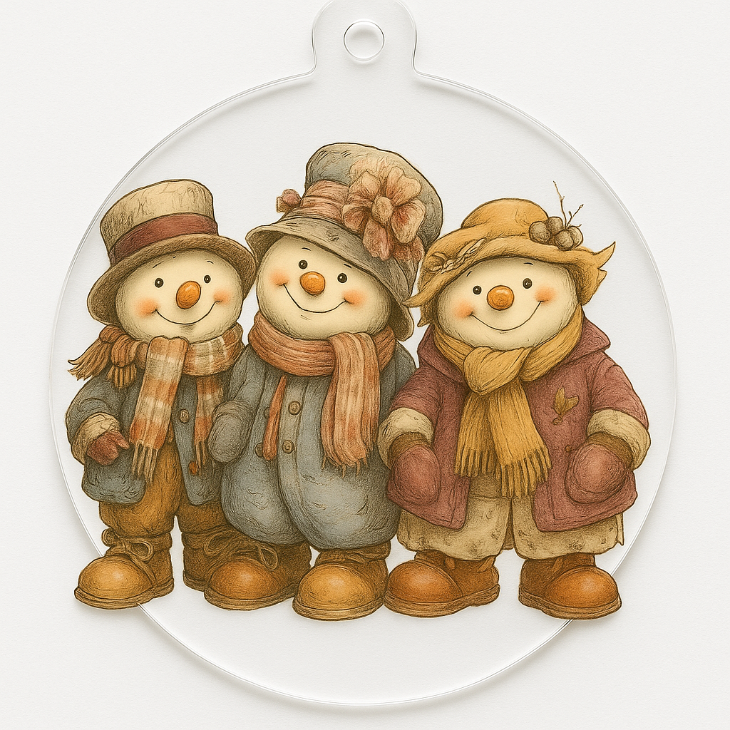 Vintage Snowmen Acrylic Christmas Ornament – Whimsical Hobo Trio Holiday Keepsake