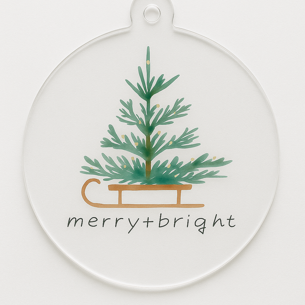 Round ornament with a Christmas tree and 'merry+bright' text on a white background
