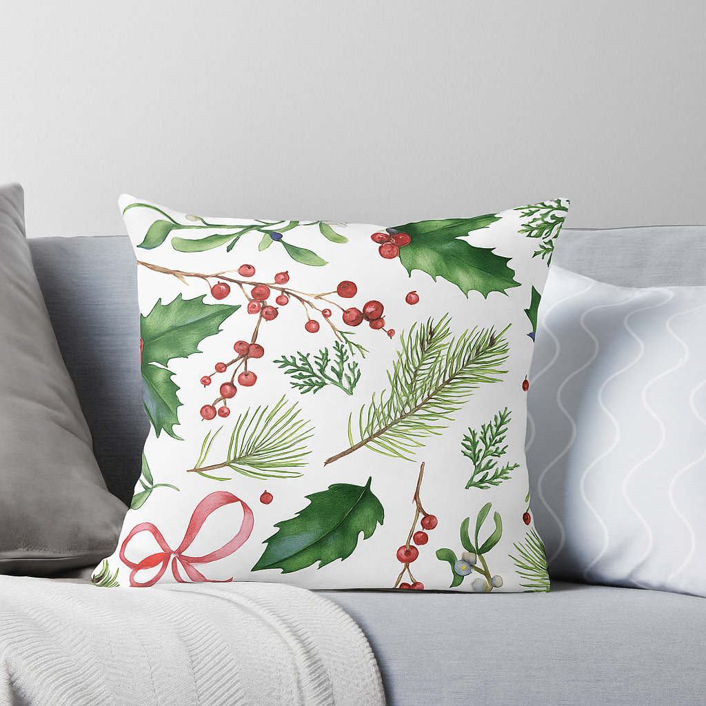 Christmas Floral Throw Pillow with Bow Design