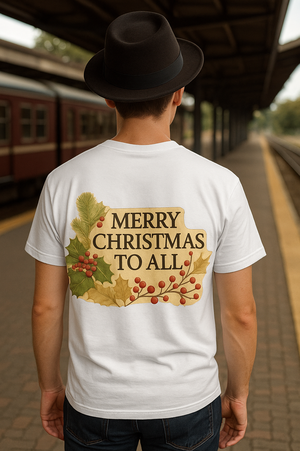 Person wearing a white t-shirt with 'Merry Christmas to All' design at a train station.