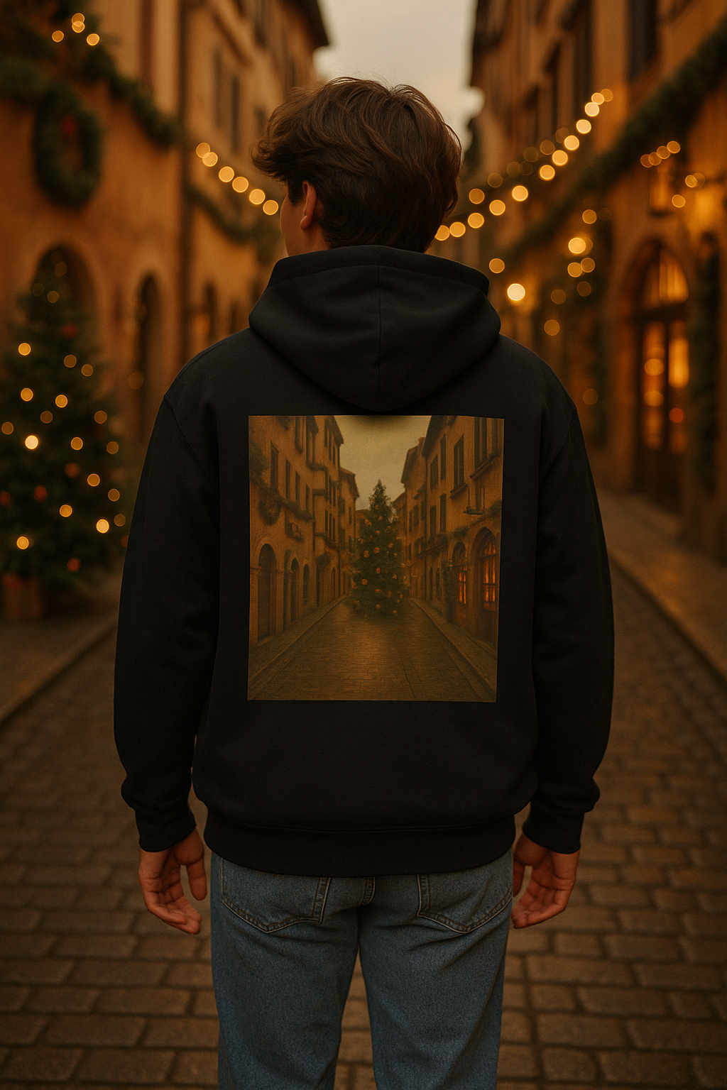 Yuletide Reverie Christmas Street Hoodie – Vintage Holiday Village Scene, Cozy Old World Christmas Sweatshirt