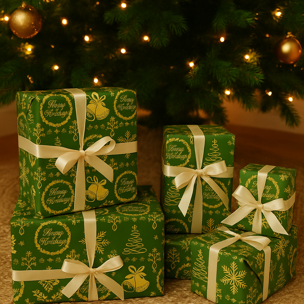 Christmas Wrapping Paper – Elegant Green & Gold “Happy Holidays” Print | Festive Metallic Pattern by KP - Festive Holiday Wrapping Paper - Green & Gold Christmas Design