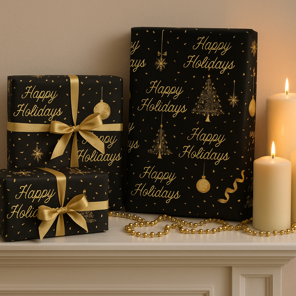 Black & Gold Christmas Wrapping Paper – Elegant “Happy Holidays” Design by KP | Luxury Metallic Gift Wrap by Paper Pleasures
