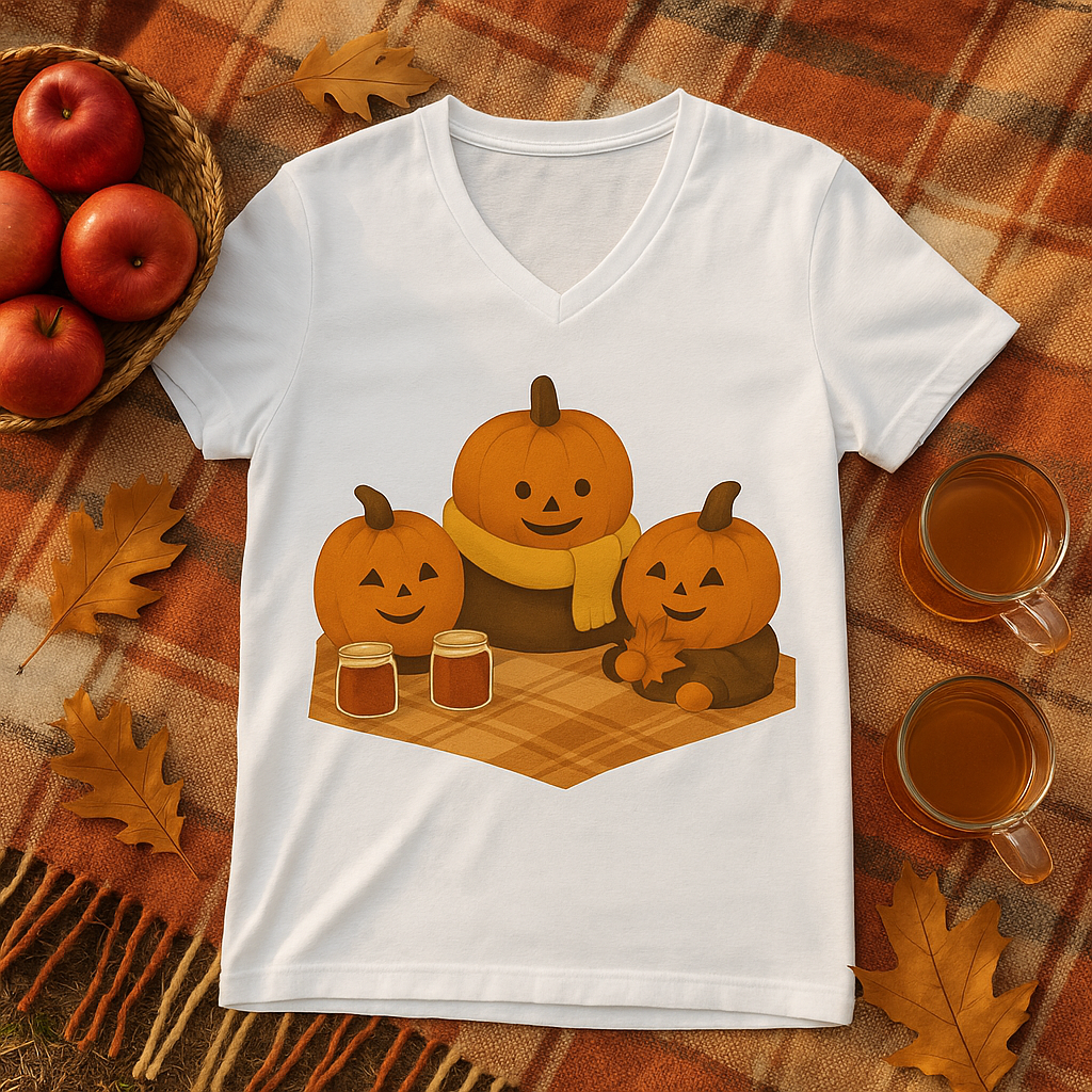 Pumpkin Picnic V-Neck T-Shirt –  Autumn Fashion - Paper Pleasures